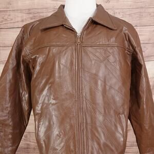 Haband Executive Division Jacket Mens Large Brown Leather Zip Faux Fur Lined
